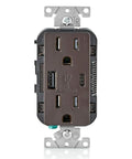 Front view of Type A And Type C USB In Wall Charger With 15A Tamper Resistant Outlet That Powers Your Phone And Tablet Fast in brown finish.