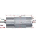 Beefy 37mm DC Metal Gear Motor Running On 12V Or 24V Power With A Knockout High Torque Step Down Reducer And Dead Silent Action For Heavy Duty Robotics And Sweet Diy Projects, dimensions shown.