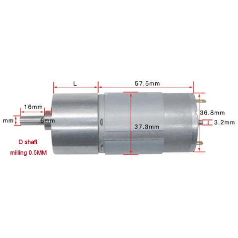 Beefy 37mm DC Metal Gear Motor Running On 12V Or 24V Power With A Knockout High Torque Step Down Reducer And Dead Silent Action For Heavy Duty Robotics And Sweet Diy Projects, dimensions shown.
