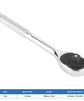 Top Shelf Adjustable Ratchet Wrench Half Size Drive With Sturdy Arrow Storage Case Heavy Duty Steel Spanner Tool For Tough Auto Jobs view of chrome wrench with knurled grip.