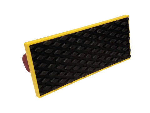 Pushblock for Table Saws and Router Tables with Diamond Grip and Non Marring Rubber Bottom Ergonomic Comfort Handle Built Tough Workpiece Holder for Band Saws and Jointers Yellow And Red, showing diamond grip surface.