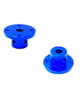 Two blue aluminum flange shaft couplings for 6mm shafts with grub screws (front and side views)