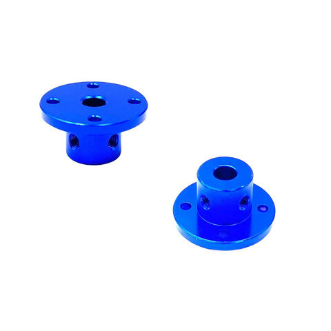 Two blue aluminum flange shaft couplings for 6mm shafts with grub screws (front and side views)