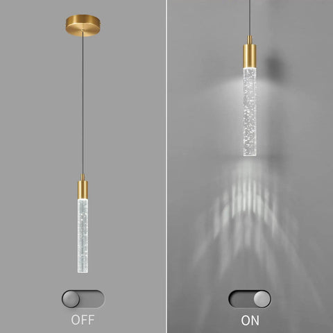 Modern Gold Brass Finish LED Dimmable Kitchen Island Pendant Lights 2 Pack With Crystal Bubble Column lit and unlit