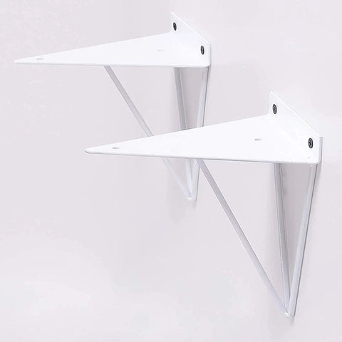 Dope Heavy Duty Triangle Shelf Brackets, Badass Wall Mount Floating Support, Industrial Corner Hardware For Bookshelves And Home Decor, 2 Pack Gold White Finish, two angled white brackets mounted on wall.