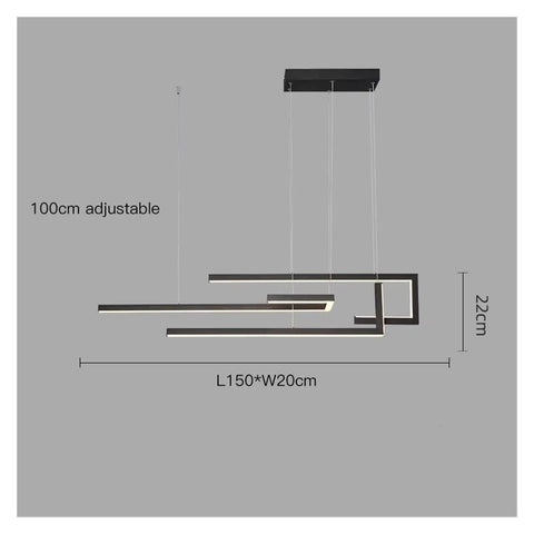 Modern LED Pendant Lamp for Dining Room Kitchen Living Room Bedroom Black Rectangle Dimmable Chandelier, 150cm x 20cm, adjustable height.