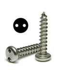 Heavy Duty Stainless Steel License Plate Screws Damn Secure Fit For Trucks And Cars Deters Vandals With Snake Eye Design Includes Complete Spanner Pan Head Sheet Metal Screws Kit, showing two screws with a pan head design.