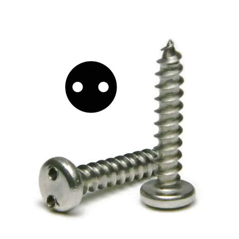 Heavy Duty Stainless Steel License Plate Screws Damn Secure Fit For Trucks And Cars Deters Vandals With Snake Eye Design Includes Complete Spanner Pan Head Sheet Metal Screws Kit, showing two screws with a pan head design.