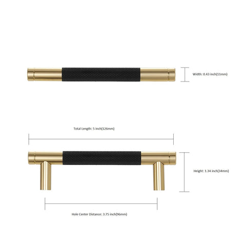 10 Pack Gold And Black 3 3/4 Inch Brass Round Knurled Pattern Drawer Pulls with dimensions shown for kitchen cabinets.