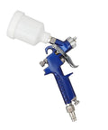 Top Shelf HVLP Gravity Feed Paint Sprayer With Sleek Aluminum Body And Point Oh Nozzle, 1.0mm nozzle, 125ml cup, blue design.