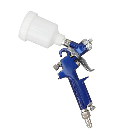 Top Shelf HVLP Gravity Feed Paint Sprayer With Sleek Aluminum Body And Point Oh Nozzle, 1.0mm nozzle, 125ml cup, blue design.