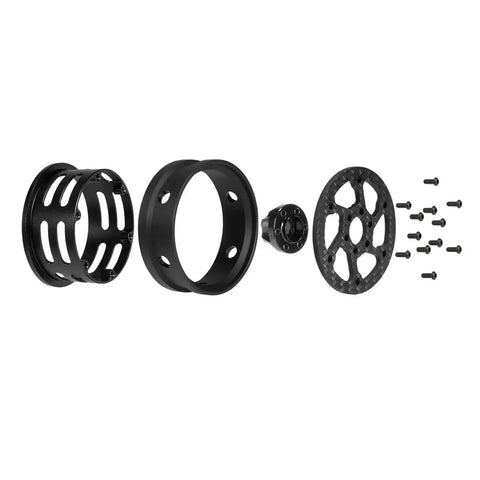 Crush The Trails With These Sick 1.9 Carbon Fiber Beadlock Wheels For RC Crawler Cars Featuring CNC Aluminum Hubs Quick Tire Swaps And Black Finish SCX10 TRX4 Gmade parts showing individual black components and screws