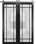 Built Tough Double Barn Sliding Door With Frosted Glass Panels, Matte Black Finish, 13-Foot Silver Rail System