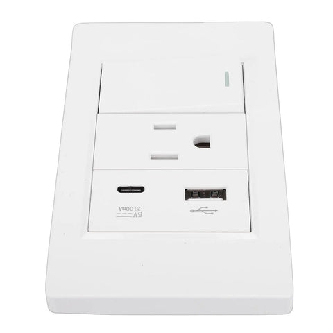 Rock Solid Heavy Duty Wall Outlet With Single Toggle Switch 15 Amp 3 Prong Socket with USB Type C charging port and safety cover.