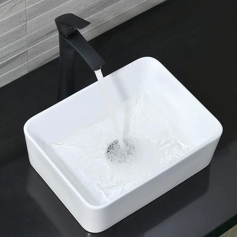 Rectangular Vessel Sink With Matte Black Faucet And Pop Up Drain 16 By 12 Inch Above Counter White Porcelain Ceramic Bathroom Basin