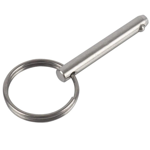 Stainless steel quick-release pin with ring for marine hardware; 1/4 in diameter, 2 in overall length.
