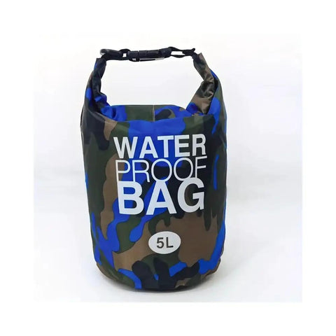 Front view of 5L Roll Storage Backpack Waterproof Dry Bag for Kayaking, Rafting, Boating, with camo design and roll-top closure