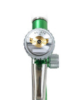 PC-416 manual spray gun nozzle view with green body and brass components, delivers low pressure high atomization to lay down a smooth as butter finish on auto panels and furniture touch ups with a relentless PC 416 manual spray gun that knocks out overspray like a champ.