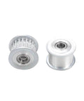 Precision 16 Tooth HTD Smooth Timing Idler Pulley Pack Of 5 With A Snug 7mm Bore And Slick 16mm Outer Diameter showing two anodized aluminum pulleys.