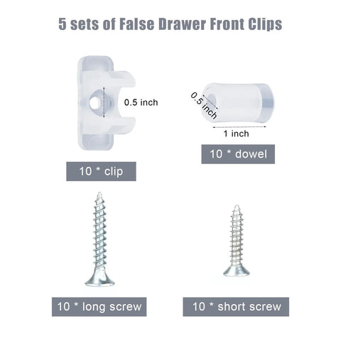 10 Pack Acrylic False Front Cabinet Clips With Screws For Kitchen Cabinets And Drawers, includes clip, dowel, long and short screws