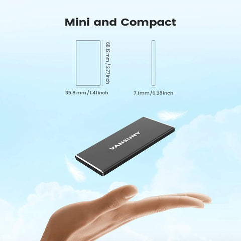 500GB Portable External SSD USB 3.1 Gen2 Drive With Metal Casing shown in hand for size, dimensions noted, floating design emphasis.