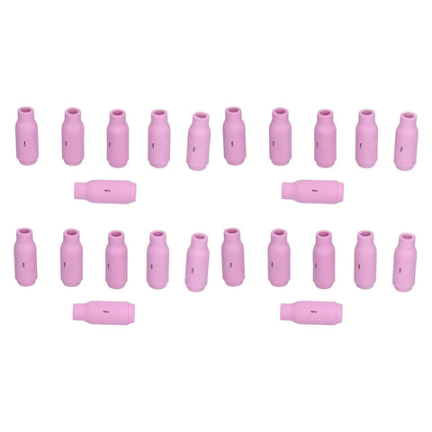 Tough Alumina Ceramic Nozzles With Gas Lens Cups For TIG Welding Torch, 20 durable consumables in pink, 47mm long.