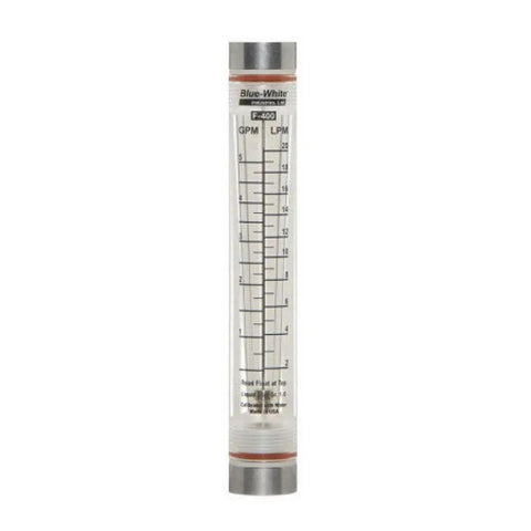 Acrylic Flow Meter 0.5 To 5 GPM With Half Inch NPT Fittings, High-Visibility Flow Gauge For Water Systems, Model F-40500LN-8, front view