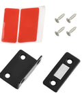 Stainless Steel Magnetic Cabinet Latch With No Slam Hold, screws, and tape for thin doors and drawers, black finish
