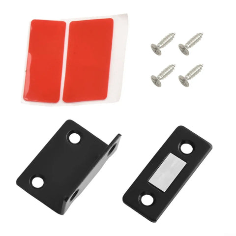 Stainless Steel Magnetic Cabinet Latch With No Slam Hold, screws, and tape for thin doors and drawers, black finish