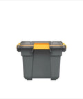 Toss Your Gear In This Heavy Duty 5.28 Gallon Waterproof Plastic Storage Tote Bin with gray color and yellow snap latches.