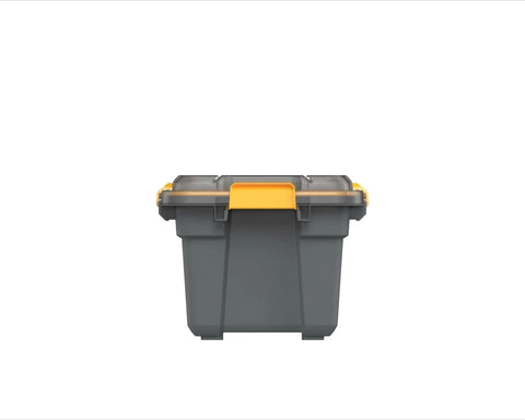 Toss Your Gear In This Heavy Duty 5.28 Gallon Waterproof Plastic Storage Tote Bin with gray color and yellow snap latches.
