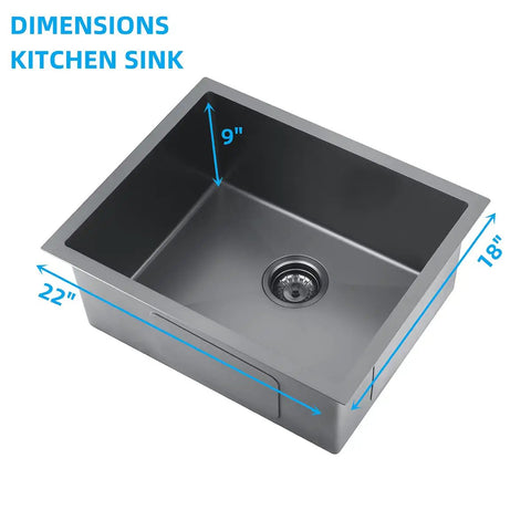 Drop In Kitchen Sink Single Bowl Workstation Stainless Steel 16 Gauge Black With Sink Strainer Waste Basket And Bottom Grid 22 X 18 X 9 Undermount Design Noise Reduction 304 Series with dimensions labeled.