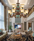 Premium 12 Light Vintage Chandelier Ceiling Pendant Lamp With Rustic Iron Frame Warm Edison Bulbs in elegant living room.