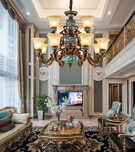 Premium 12 Light Vintage Chandelier Ceiling Pendant Lamp With Rustic Iron Frame Warm Edison Bulbs in elegant living room.