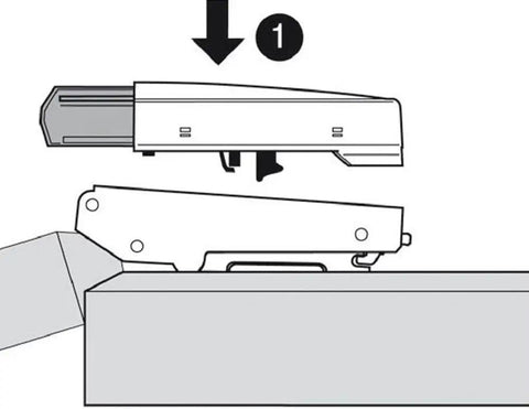 Diagram of Soft-Close Cabinet Damper for Corner Hinges, 8 Pack 973A0500 Buffer for Full Overlay Cabinets showing installation step.