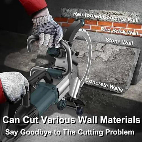 Pro Grade Brushless Electric Concrete Ring Saw With Dual Blade Kit For Crushing Through Granite Brick And Masonry With Beast Mode Performance On Job Sites cutting through a reinforced concrete wall.