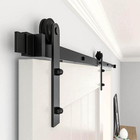 Heavy Duty Black Barn Door Hardware Kit For Five Foot Single Sliding Door Carbon Steel Track Rail J Shape Roller System