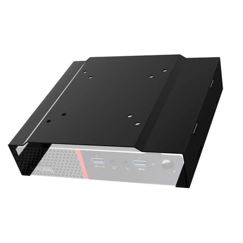 Built Tough Vesa Wall And Under Desk Mount For Lenovo Thinkcentre Tiny Desktops with black metal design and mounting holes.