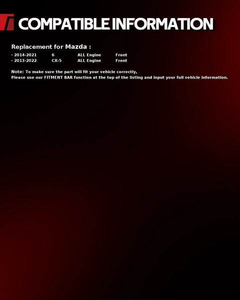 Compatibility information for Mazda CX-5 2013-2022 and Mazda6 2014-2021 front wheel hub bearing assembly.