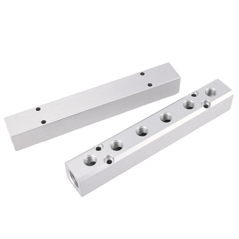 Six Way Air Compressor Manifold With Eight Ports And One Half Inch NPT Supply Port And One Quarter Inch NPT Outputs Aluminum Alloy