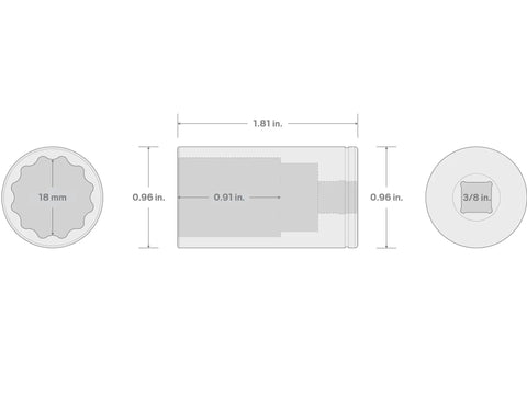 Diagram of 3/8 Inch Drive 18 mm Semi Deep 12 Point Socket With Durable Chrome Plated Finish And Large Stamped Markings, dimensions shown.