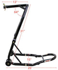 Side view of sport bike front and rear lift stand with spool style and triple tree attachment, fork cradle design, dimensions