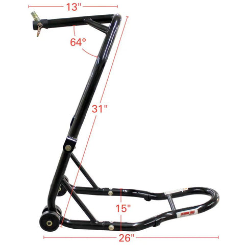Side view of sport bike front and rear lift stand with spool style and triple tree attachment, fork cradle design, dimensions