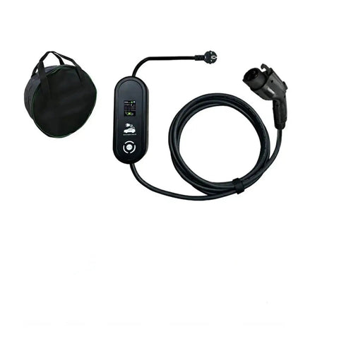 No Sweat Heavy Duty EV Charger Adapter Type 2 To Type 1 Cable 16 AMP EVSE Cord with carrying bag and display.