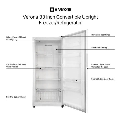 Spacious 33 Inch Convertible Upright Freezer And Refrigerator With 20 Point 2 Cubic Feet Stash Room Exterior Control Panel.