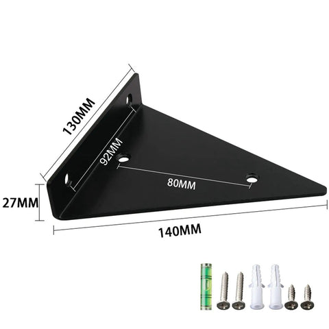 Flat Out Heavy Duty Hidden Metal Shelf Brackets Built Like A Boss For Rock Solid Wall Mounted Storage, Rust Proof Steel Triangle Supports Black 11 Inch 2 Pack shown with measurements and mounting hardware.