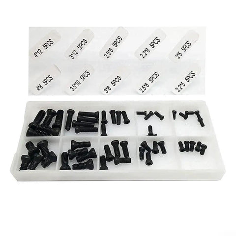 No Fuss Rock Solid Heavy Duty Carbide Insert Fixing Screw Set For CNC Lathe Tool Holders with assorted sizes in a compartmentalized case.