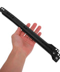 Twelve Inch Bottom Mount Drawer Slide held in hand, heavy duty metal design for smooth operation and pro level install.