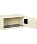 Hotel Safe With Electronic Lock And Card Slot Keyed Differently Off White 15W X 10D X 7H Wall Or Floor Mount Magnetic Stripe Card Reader Battery Operated With Mechanical Override Keys No Fuss Security, open view showing interior and locking mechanism.