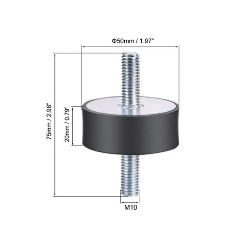 Rubber Shock Isolator Mount For Fitness Equipment With M6 M8 M10 M12 Threaded Inserts, Cuts Vibration And Noise, 60mm Diameter By 35mm Height, M10x27 Stud Size, Durable Rubber And Metal Build, Easy Install Vibe Dampener, shown with M10 stud and 50mm diameter